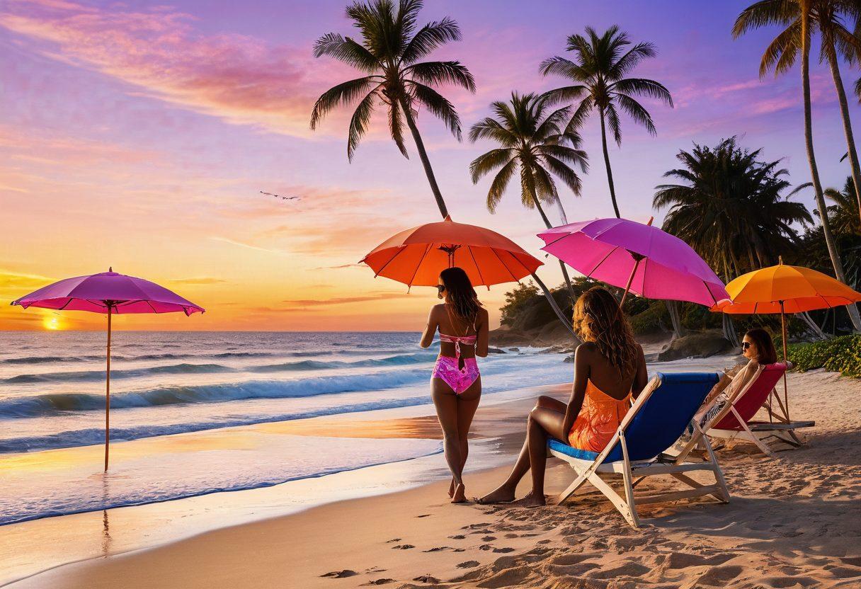 A stylish beach with a vibrant sunset in the background, showcasing models in chic two-piece outfits, playfully interacting with tropical elements like palm trees and beach umbrellas. The scene is infused with a relaxed vacation ambiance, featuring colorful beach accessories and soft waves lapping at the shore. Emphasize the fun and confidence of holiday fashion. super-realistic. vibrant colors. sunset hues.